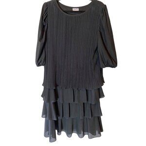Sandi Dee Black Pleated Dress Tiered Ruffle Hem 3/4 Sleeves 16W